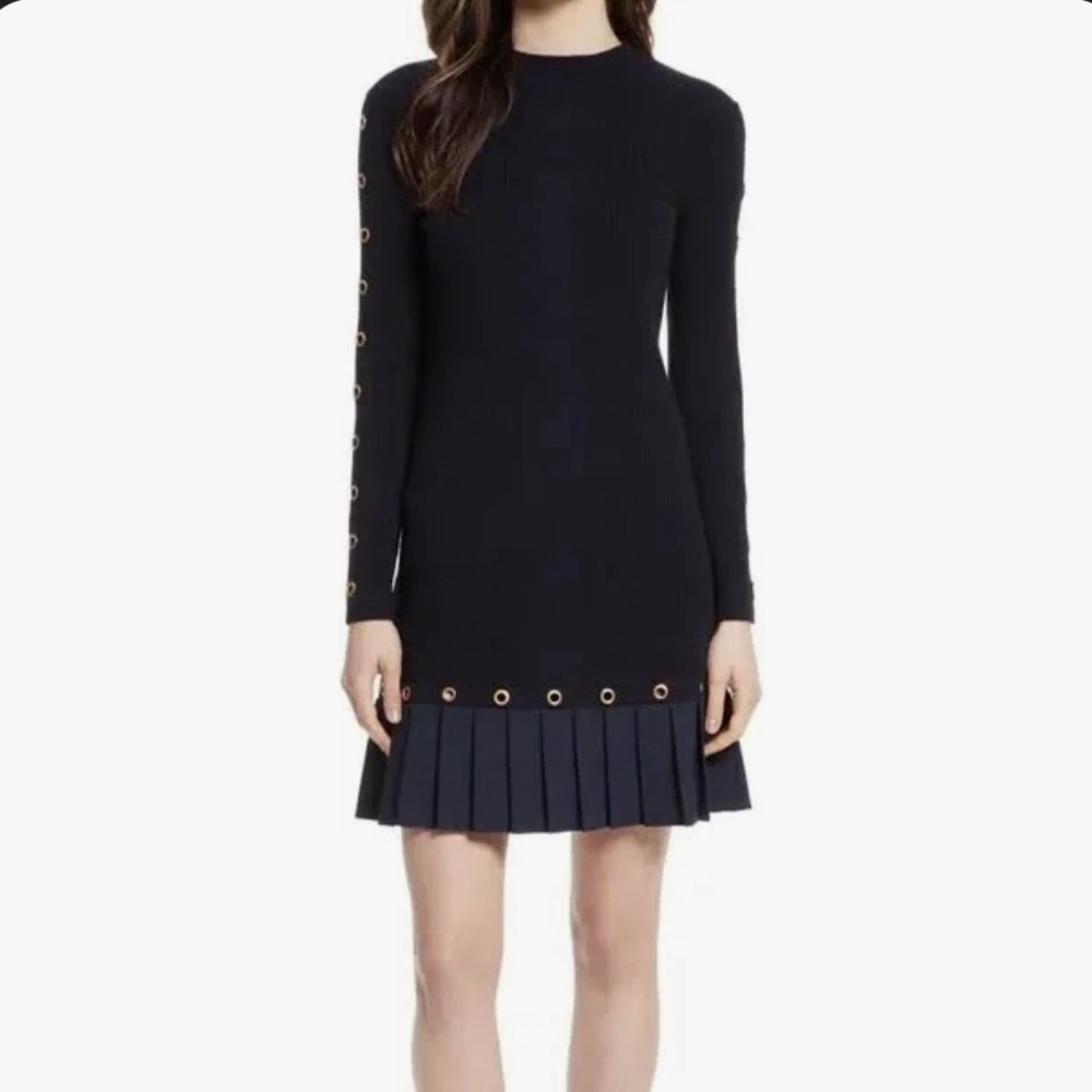 Tory Burch Navy “Shiloh” pleated bottom knit dress with grommets, Size XL